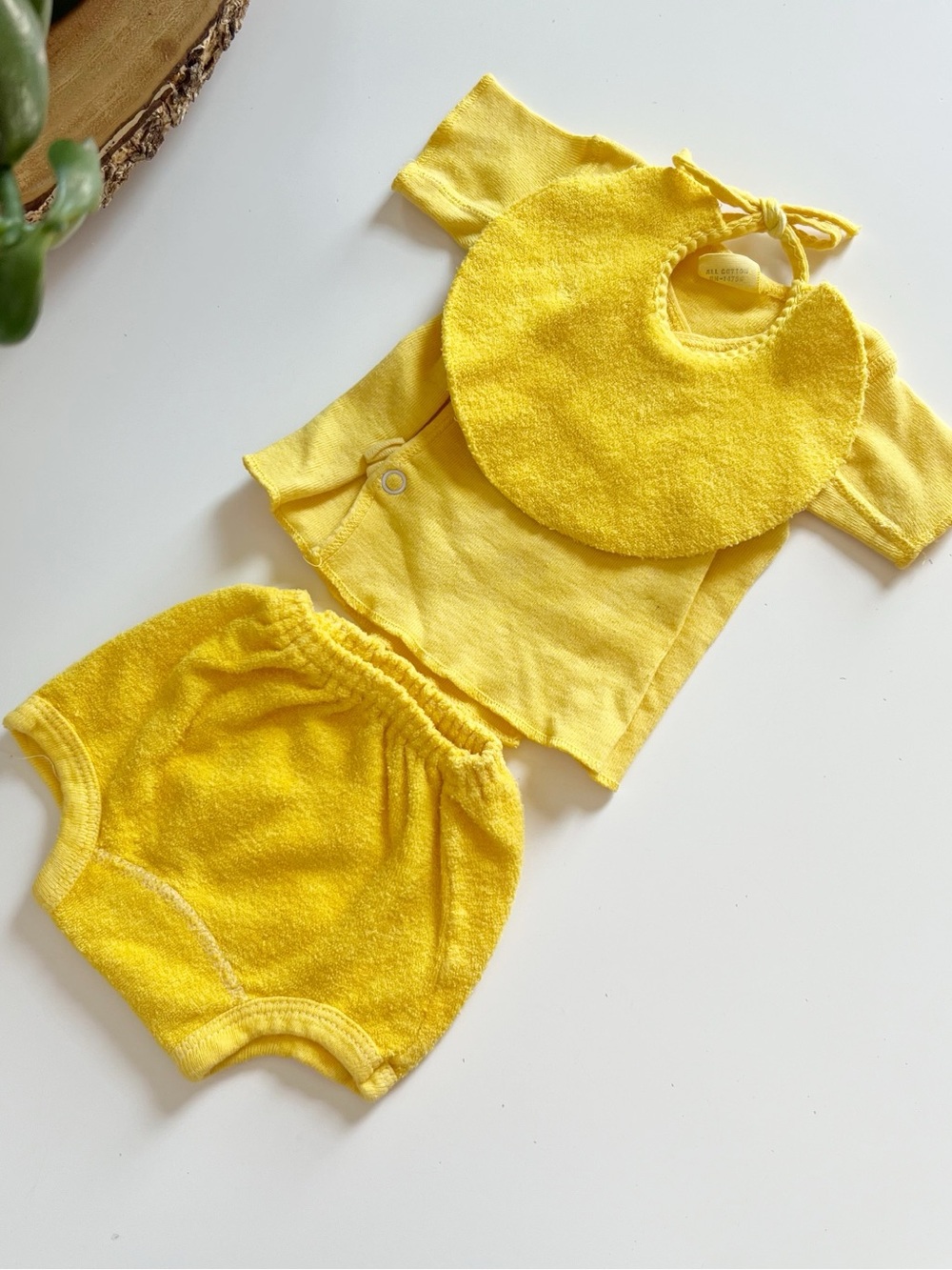 Vintage Yellow Terry 3 Piece Baby Set | Kimono top, Bloomers, and Bib | 0-3m